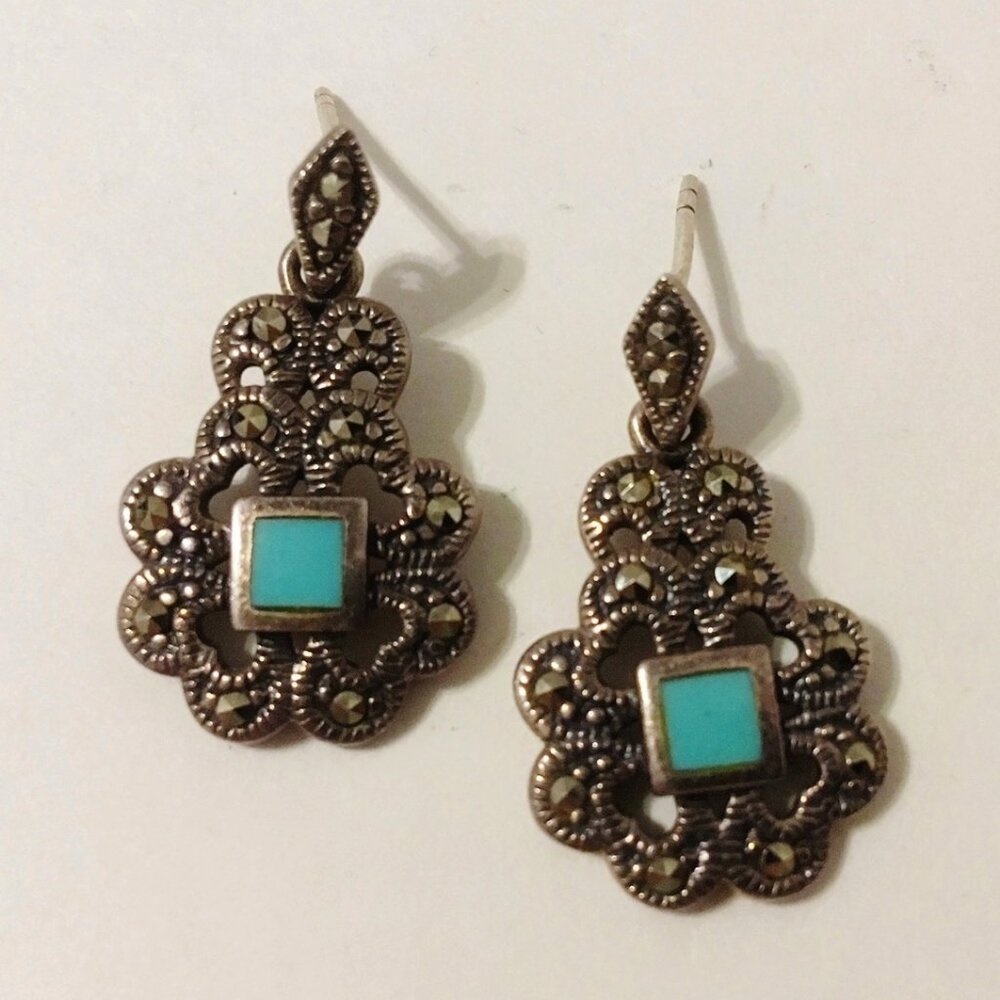 Marcasite Earrings Square Turquoise Blue Stone Post Dangle Ornate Vintage
